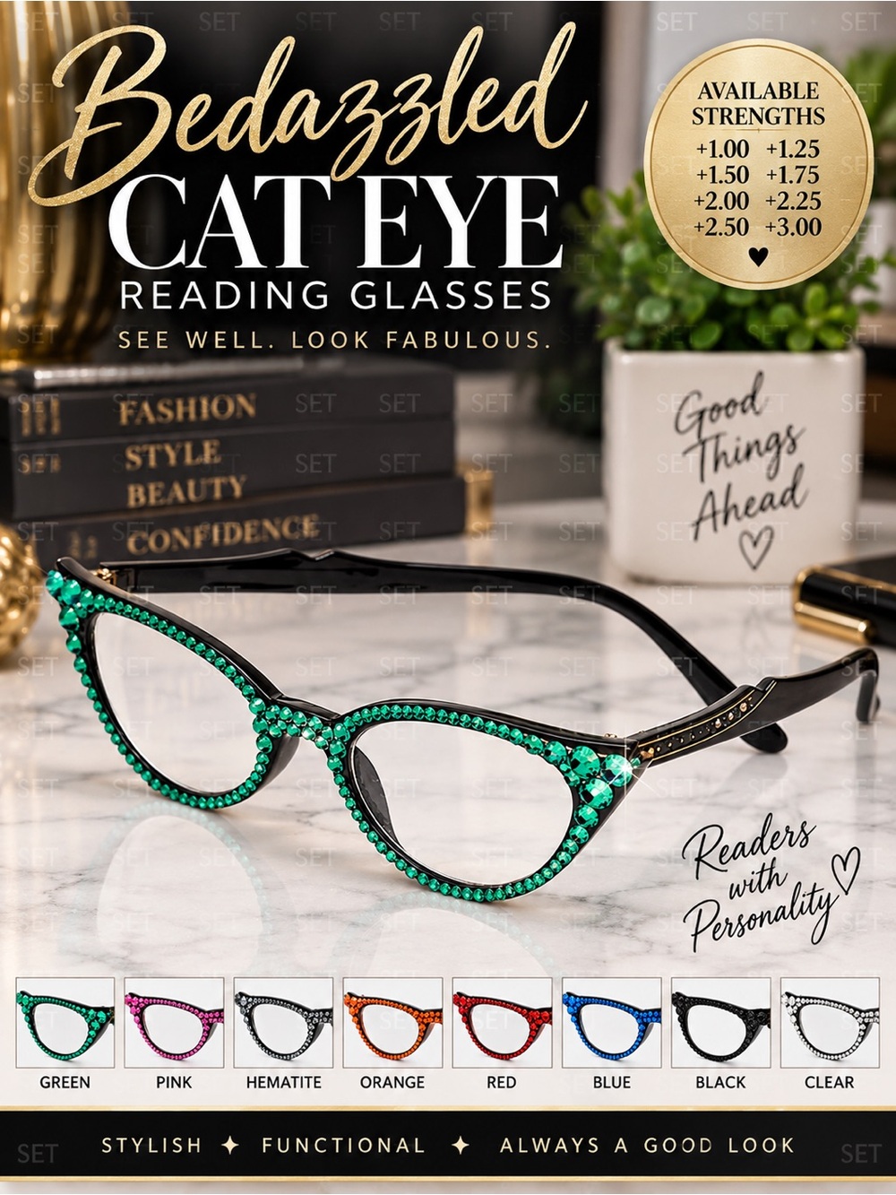 Bedazzled Cat Eye Reading Glasses Rhinestone Bling Readers +1.00 to +3.00